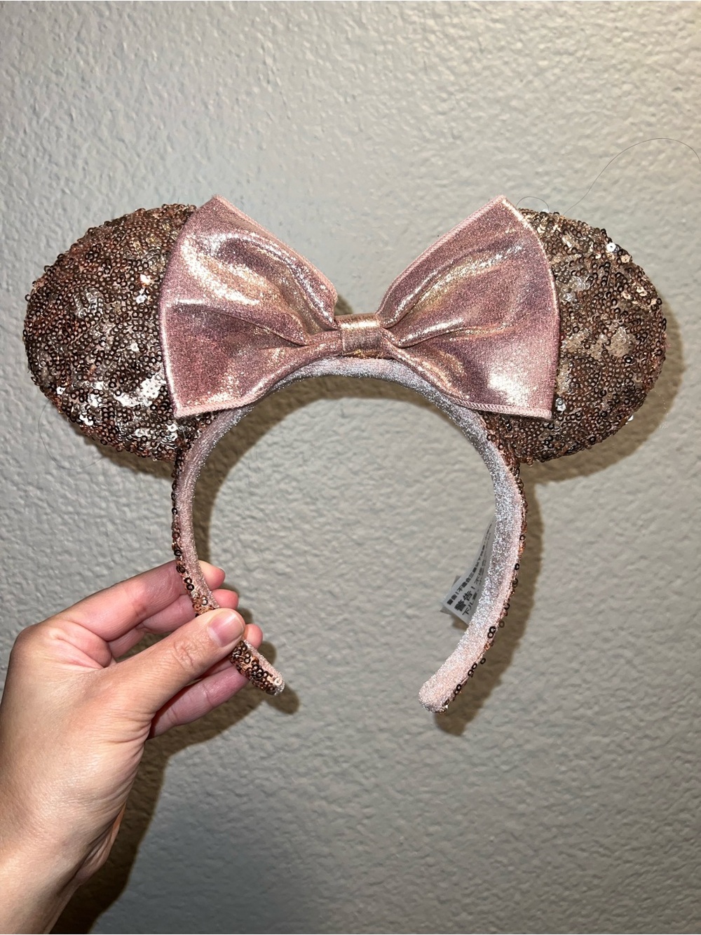 Disney Rose Gold Sequin Minnie Ears Headband with Bow